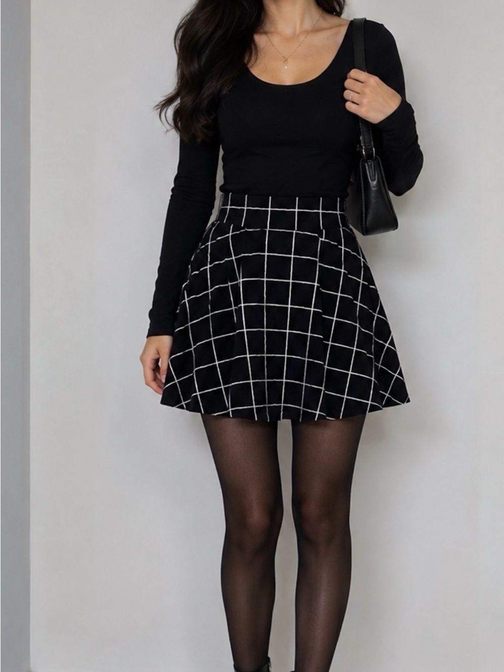 SHEIN Black & White Windowpane Plaid Flare Skater Skirt Women’s Size S